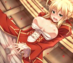 Rule 34 | 10s, 1girl, ahoge, blonde hair, blush, breasts, censored, dress, dutch angle, epaulettes, fate/extra, fate (series), girl on top, green eyes, hair ribbon, hetero, large breasts, mosaic censoring, nero claudius (fate), nero claudius (fate) (all), nero claudius (fate/extra), nipples, no panties, open clothes, open mouth, penis, petals, pokiyu, pussy, ribbon, see-through, sex, shiny skin, solo focus, spread legs, tears, torogao, uneven eyes, vaginal