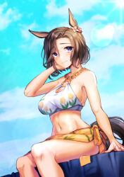 Rule 34 | 1girl, absurdres, air groove (seaside bloom) (umamusume), air groove (umamusume), animal ears, bikini, breasts, brown hair, cleavage, commentary, diffraction spikes, ear flower, feet out of frame, floral background, flower, hand on own cheek, hand on own face, highres, horse ears, horse girl, horse tail, jewelry, large breasts, lens flare, looking at viewer, midriff, navel, necklace, o-ring, o-ring bikini, official alternate costume, official alternate hairstyle, outdoors, pink flower, purple eyes, sarong, sideboob, sitting, solo, sunlight, swimsuit, tail, tomoru (tomanvil 3), tulip, umamusume, white bikini, yellow sarong