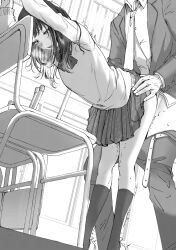 Rule 34 | 1boy, 1girl, bent over, blush, bow, bowtie, cardigan, carrot (robosquat), classroom, clothes pull, couple, greyscale, head out of frame, heavy breathing, hetero, highres, jacket, kneehighs, monochrome, necktie, open mouth, original, pants, pants pull, school uniform, sex, skirt, socks, standing, standing sex, sweat, trembling
