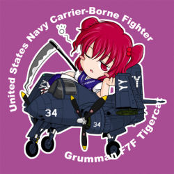 Rule 34 | 1girl, aircraft, airplane, blush stickers, chibi, f7f tigercat, female focus, japanese clothes, lowres, onozuka komachi, red eyes, red hair, sakurato tsuguhi, scythe, short hair, solo, touhou, twintails, two side up, vehicle focus