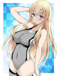 Rule 34 | 1girl, bismarck (kancolle), blonde hair, blue background, blue eyes, breasts, checkered background, competition swimsuit, cowboy shot, gakky, grey one-piece swimsuit, grey thighhighs, kantai collection, large breasts, long hair, looking at viewer, multicolored clothes, multicolored swimsuit, one-hour drawing challenge, one-piece swimsuit, outside border, solo, swimsuit, thighhighs, thighs