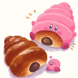 Rule 34 | blue eyes, blush stickers, chocolate, chocolate cornet, commentary request, food, food focus, heart, highres, kirby, kirby (series), kirby and the forgotten land, miclot, mouthful mode, nintendo, no humans, notice lines, open mouth, pink footwear, saliva, shoes, simple background, white background