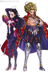Rule 34 | 2girls, abs, armor, belt, black eyes, black hair, blue eyes, boots, breasts, cleavage cutout, clothing cutout, crossed arms, curly hair, female focus, fighting stance, high heels, highres, jacket, jacket on shoulders, large breasts, long hair, looking at viewer, majo taisen chronicle, mary read (majo taisen), mata hari (majo taisen), midriff, multiple girls, muscular, muscular arms, muscular female, muscular legs, navel, official art, ornament, pirate, pirate costume, scar, skull, smile, smirk, smug, whip