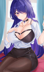 Rule 34 | 1girl, absurdres, acheron (honkai: star rail), alternate breast size, alternate costume, black bra, black choker, black pantyhose, black skirt, blush, bra, breasts, choker, collarbone, collared shirt, commentary request, hair ornament, hair over one eye, hand on own chest, highres, honkai: star rail, honkai (series), huge breasts, jewelry, knees out of frame, kuro (blackpgmickey), looking at viewer, multicolored hair, necklace, office lady, open clothes, open shirt, paid reward available, pantyhose, purple eyes, purple hair, shirt, sitting, skirt, solo, streaked hair, sweatdrop, underwear, watch, white shirt, wristband, wristwatch