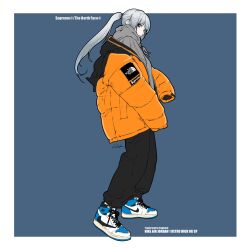 Rule 34 | 1girl, absurdres, air jordan, air jordan 1, bambi surprise, blue background, blue eyes, border, company name, down jacket, fragment design, full body, grey hair, grey hoodie, hair behind ear, highres, hood, hood down, hoodie, jacket, long hair, long sleeves, looking at viewer, nike (company), orange jacket, original, parted lips, ponytail, shoes, signature, simple background, sleeves past fingers, sleeves past wrists, sneakers, solo, streetwear, supreme (brand), the north face, travis scott, white border