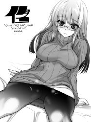 Rule 34 | 1girl, blush, clothes pull, glasses, greyscale, long hair, looking at viewer, monochrome, original, pantyhose, pantyhose pull, ribbed sweater, solo, sweater, tokita monta