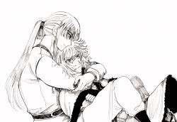 Rule 34 | 2boys, androgynous, canute, closed mouth, eyebrows, eyes visible through hair, fur trim, hug, light smile, long hair, lying, lying on person, male focus, messy hair, monochrome, multiple boys, ponytail, prince, profile, simple background, spiked hair, themy minamino, thorfinn, viking, vinland saga, yaoi