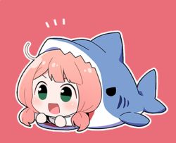 Rule 34 | 1girl, :d, ahoge, animal costume, bang dream!, blush, chibi, green eyes, low twintails, lowres, lying, notice lines, on stomach, open mouth, outline, pink hair, re ghotion, red background, shark costume, simple background, smile, solo, twintails, uehara himari, v-shaped eyebrows, white outline