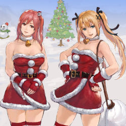 Rule 34 | 2girls, :d, bad id, bad pixiv id, bare shoulders, bell, belt, blonde hair, blue eyes, blue sky, breasts, christmas, christmas tree, cleavage, closed mouth, collar, contrapposto, cowboy shot, day, dead or alive, dress, fingerless gloves, fur collar, fur trim, gloves, head tilt, honoka (doa), iwauchi tomoki, legs apart, long hair, looking at viewer, marie rose, medium breasts, multiple girls, neck bell, open mouth, outdoors, pom pom (clothes), red dress, red eyes, red gloves, red hair, red legwear, rope, sack, santa costume, short dress, sky, smile, snow, snowman, standing, strapless, strapless dress, thigh gap, thighhighs, twintails