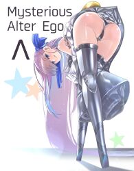Rule 34 | 1girl, :p, armor, ass, bare shoulders, bent over, black panties, blue eyes, blue ribbon, cameltoe, character name, cleft of venus, fate/grand order, fate (series), greaves, hair ribbon, highres, long hair, meltryllis, meltryllis (fate), meltryllis (swimsuit lancer) (fate), mentaiko mamire, panties, purple hair, ribbon, sleeves past wrists, smile, solo, tongue, tongue out, underwear, very long hair