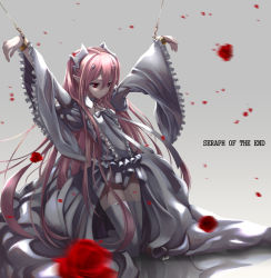 Rule 34 | 10s, 1girl, alternate color, bound, bow, brooch, chain, cuffs, dress, english text, flower, frilled sleeves, frills, grey background, hair ornament, jewelry, kero sweet, kneeling, krul tepes, long hair, long sleeves, motion blur, owari no seraph, petals, pink hair, pointy ears, puffy long sleeves, puffy sleeves, red eyes, red flower, red rose, reflection, ribbon, rose, shackles, signature, solo, text focus, thighhighs, tied up (nonsexual), very long hair, white bow, white dress, white ribbon, white thighhighs, wide sleeves