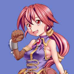 Rule 34 | 1girl, asymmetrical gloves, breasts, brown gloves, clenched hand, dark chronicle, elbow gloves, funnyari, gloves, long hair, medium breasts, monica (dark chronicle), open mouth, ponytail, red eyes, red hair, simple background, single elbow glove, smile, solo, very long hair