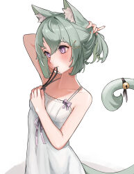 Rule 34 | 1girl, absurdres, adjusting hair, animal ear fluff, animal ears, bell, breasts, cat ears, cat girl, cat tail, fosqie, green hair, highres, holding own hair, jingle bell, mouth hold, nightgown, original, purple eyes, ribbon, ribbon in mouth, short hair, sleeveless, tail, tail bell, tail ornament, white nightgown