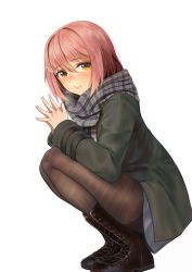 Rule 34 | 1girl, absurdres, black pantyhose, blush, boots, brown eyes, brown footwear, closed mouth, commentary, fingers together, green jacket, grey scarf, grey skirt, hair ornament, hairclip, highres, jacket, long sleeves, looking at viewer, looking to the side, original, pantyhose, pink hair, pleated skirt, scarf, short hair, simple background, skirt, solo, squatting, ur-8, white background