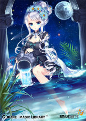 Rule 34 | 1girl, :o, aquarius (zodiac), arch, barefoot, blue eyes, bobyeonggung, breasts, cleavage, detached sleeves, dress, e-nya, expressionless, flower, full body, full moon, hair flower, hair ornament, jug (bottle), legs, long hair, long sleeves, looking down, moon, night, original, parted lips, pillar, qurare magic library, simple background, sitting, sky, soaking feet, solo, tears, toes, water, wide sleeves, zodiac