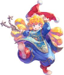 Rule 34 | 1girl, blonde hair, blush, bodysuit, boots, charlotte (seiken densetsu 3), flail, full body, grin, haccan, hat, holding, holding weapon, jester cap, long hair, looking at viewer, official art, pom pom (clothes), purple eyes, red footwear, red hat, ringed eyes, seiken densetsu, seiken densetsu 3, smile, solo, tabard, transparent background, weapon
