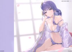 Rule 34 | 1girl, 6u (eternal land), absurdres, arm support, blurry, blurry background, blush, bra, breasts, character name, cleavage, day, genshin impact, hair ornament, hand up, highres, indoors, long hair, looking at viewer, medium breasts, navel, off shoulder, panties, parted lips, petals, purple eyes, purple hair, raiden shogun, scan, shiny skin, simple background, sitting, solo, stomach, underwear, window