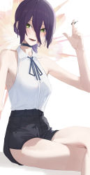 Rule 34 | 1girl, absurdres, bare shoulders, blue ribbon, blush, chainsaw man, cropped, crossed legs, explosion, film grain, fingernails, green eyes, grenade pin, hair between eyes, highres, lower teeth only, open mouth, purple hair, reze (chainsaw man), ribbon, shirt tucked in, short hair, so shio, solo, teeth, tongue
