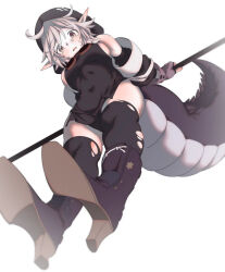 Rule 34 | 1girl, arknights, black thighhighs, from below, high heels, noiimad, panties, pantyshot, pointy ears, tail, thighhighs, tomimi (arknights), torn clothes, torn thighhighs, underwear, white hair