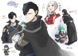 Rule 34 | 1boy, 2girls, arms behind back, black hair, blue eyes, blue hair, byleth (female) (fire emblem), byleth (fire emblem), cape, closed mouth, crossed arms, edelgard von hresvelg, fire emblem, fire emblem: three houses, from side, gloves, green eyes, green hair, hair over one eye, holding, holding sword, holding weapon, hubert von vestra, long hair, long sleeves, looking to the side, multiple girls, nintendo, open mouth, pantyhose, purple eyes, robaco, short hair, side ponytail, simple background, smile, squatting, sword, sword of the creator, weapon, white background, white gloves, white hair