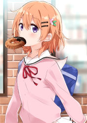 Rule 34 | 1girl, absurdres, bag, blurry, blurry background, blush, brick wall, brown hair, cardigan, commentary request, day, depth of field, doughnut, food, food in mouth, gochuumon wa usagi desu ka?, hair between eyes, hair ornament, hairclip, highres, hoto cocoa, kafuu chino&#039;s school uniform, looking at viewer, mousou (mousou temporary), neck ribbon, outdoors, pink cardigan, pleated skirt, purple eyes, red ribbon, ribbon, sailor collar, school bag, school uniform, serafuku, skirt, solo, white sailor collar, white skirt, window