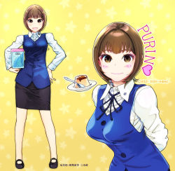 Rule 34 | 1girl, arms behind back, black skirt, blue waistcoat, blush, bob cut, breasts, brown eyes, brown hair, carina (xiaowoo), character name, collared shirt, commentary request, copyright name, facing viewer, food, full body, gradient background, hands on own hips, ishikawa purin, looking at viewer, mary janes, medium breasts, motion lines, name connection, object namesake, office lady, onna shunin kishi mieko, pencil skirt, plate, pudding, saucer, shirt, shoes, short hair, skirt, skirt set, smile, solo, spoon, star (symbol), starry background, translated, waistcoat, white shirt, yellow background