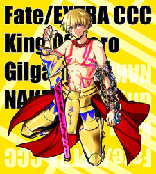Rule 34 | 10s, 1boy, armor, bad id, bad pixiv id, blonde hair, chain, ea (fate/stay night), enkidu (weapon) (fate), fate/extra, fate/extra ccc, fate (series), gilgamesh (fate), jewelry, male focus, necklace, planted, red eyes, topless male, solo, tattoo, ty 1865, weapon