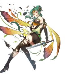 Rule 34 | 1girl, ass, black footwear, boots, breasts, brown eyes, butterfly wings, cape, denim, denim shorts, dress, elincia ridell crimea, fire emblem, fire emblem: path of radiance, fire emblem: radiant dawn, fire emblem heroes, full body, gradient clothes, green hair, hair ornament, highres, holding, holding sword, holding weapon, insect wings, looking away, medium breasts, nintendo, official alternate costume, official art, open mouth, short dress, shorts, solo, standing, sword, thigh boots, thighhighs, thighs, thorns, tiara, torn clothes, transparent background, weapon, wings