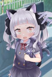 Rule 34 | 1girl, absurdres, aged down, animal ears, bag, black jacket, black skirt, blunt bangs, bow, bowtie, cat ears, cat girl, cat tail, child, cocozasa, commentary request, crime prevention buzzer, hair ribbon, highres, hololive, jacket, kindergarten bag, long hair, murasaki shion, open mouth, outdoors, pleated skirt, red bow, red neckwear, ribbon, school uniform, serafuku, short eyebrows, silver hair, skirt, smile, solo focus, surprised, sweat, tail, teeth, turn pale, twintails, upper teeth only, virtual youtuber, wavy hair, yellow eyes
