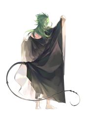 Rule 34 | 1boy, alannoran, bare shoulders, barefoot, black robe, demon tail, dressing, facing away, floating hair, from behind, full body, green hair, hand up, highres, kraken isaac, long hair, long sleeves, male focus, off shoulder, outstretched arms, robe, saint seiya, simple background, solo, standing, tail, white background, wide sleeves