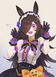 Rule 34 | 1girl, animal ears, black gloves, brown hair, gloves, hair over one eye, highres, horse ears, horse girl, limozi limozi, long hair, looking at viewer, official alternate costume, open mouth, puffy sleeves, purple eyes, rice shower (make up vampire!) (umamusume), rice shower (umamusume), short sleeves, solo, umamusume