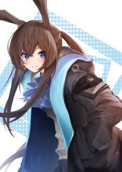 Rule 34 | 1girl, absurdres, amiya (arknights), animal ears, arknights, ascot, black jacket, blue ascot, blue eyes, blue skirt, blush, commentary, hands in pockets, highres, jacket, kyktsu, leaning forward, long hair, looking at viewer, open clothes, open jacket, ponytail, rabbit ears, shirt, skirt, smile, solo, upper body, white shirt