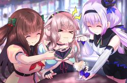 Rule 34 | &gt; &lt;, .live, 3girls, animal ears, blurry, blurry background, brown hair, carro pino, commentary request, closed eyes, feeding, food in mouth, force-feeding, kakyouin chieri, light purple hair, long hair, mokota mememe, multiple girls, one eye closed, open mouth, pink hair, school uniform, shaded face, sheep ears, spoon, table, thick eyebrows, tooi aoiro, virtual youtuber