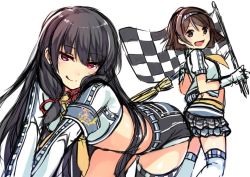 Rule 34 | 10s, 2girls, :d, :q, bad id, bad twitter id, black hair, brown eyes, brown hair, checkered flag, flag, gloves, horosuke, isokaze (kancolle), kantai collection, licking lips, long hair, multiple girls, naughty face, open mouth, race queen, short hair, simple background, sketch, smile, tanikaze (kancolle), thighhighs, tongue, tongue out, white background
