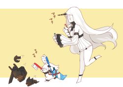 Rule 34 | 10s, 2girls, abyssal ship, claws, colored skin, detached sleeves, dress, holding, horns, kantai collection, kobone, machinery, mittens, multiple girls, northern ocean princess, running, seaport princess, single horn, toothbrush, white dress, white hair, white skin