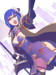 Rule 34 | 1girl, armor, blue hair, boobplate, breastplate, breasts, cleavage, dutch angle, enkyo yuuichirou, faulds, glasses, gloves, grey-framed eyewear, hair ornament, haori, highres, hisho collection, japanese armor, japanese clothes, katana, kote, kusazuri, looking at viewer, medium breasts, open mouth, samurai, short hair, shoulder armor, sode, solo, standing, sword, thighhighs, weapon