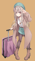 Rule 34 | 1girl, absurdres, arm up, belt, belt buckle, black belt, black pantyhose, blue hat, blue skirt, blush, boots, brown background, brown coat, brown eyes, brown footwear, buckle, closed mouth, coat, earrings, fate/kaleid liner prisma illya, fate (series), full body, glint, grey hair, hat, high heel boots, high heels, highres, illyasviel von einzbern, jewelry, long hair, long sleeves, looking at viewer, necklace, open clothes, open coat, pantyhose, pigeon-toed, rolling suitcase, shirt, simple background, skirt, smile, solo, standing, star (symbol), star necklace, suitcase, very long hair, white shirt, zongren