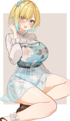 Rule 34 | 1girl, absurdres, aizawa ema, belt, blonde hair, blue dress, blue eyes, blue hair, blush, breasts, brown footwear, choco tanuki, dress, floral print, flower, gradient hair, hair flower, hair ornament, highres, large breasts, long sleeves, looking at viewer, multicolored hair, open mouth, short dress, short hair, sitting, smile, solo, two-tone background, virtual youtuber, vspo!, white background