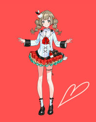 Rule 34 | 1girl, black footwear, blush, bow, brown hair, closed mouth, commentary request, copyright request, fingernails, full body, green nails, hair bow, heart, highres, layered skirt, long hair, long sleeves, nail polish, official art, pleated skirt, red background, red bow, red eyes, red skirt, shirt, shoes, skirt, smile, socks, solo, standing, striped clothes, striped shirt, striped socks, vertical-striped clothes, vertical-striped shirt, vertical-striped socks, white bow, white shirt, yuu (higashi no penguin)