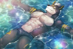 Rule 34 | 1boy, abs, afloat, animal ears, bara, black fur, bulge, dog boy, dog ears, furry, furry male, happy, highres, large pectorals, male focus, muscular, muscular male, navel, neumo, original, pectorals, short hair, solo, spread legs, stomach, thick eyebrows, topless male, wet