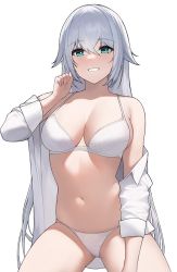 Rule 34 | 1girl, aqua eyes, bare shoulders, blush, bra, breasts, cleavage, commentary request, cowboy shot, floral print, grin, hair between eyes, hair flaps, hand up, korean commentary, large breasts, long hair, looking at viewer, momera, navel, novel illustration, off shoulder, official art, open clothes, open shirt, original, panties, print bra, print panties, shirt, sidelocks, simple background, sleeves rolled up, smile, solo, stomach, string bra, string panties, thighs, underwear, very long hair, white background, white bra, white hair, white panties, white shirt