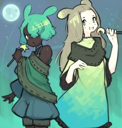 Rule 34 | 2girls, black shawl, blue shorts, brown hair, commentary, cowboy shot, crescent wand, dark-skinned female, dark skin, dress, english commentary, full moon, gradient dress, green dress, green eyes, hair between eyes, hair over one eye, highres, jay the musician frog, lette the songstress frog, long bangs, long hair, long sleeves, looking at viewer, mino dev, moon, multiple girls, music, open mouth, rabbit and steel, shawl, short hair, shorts, singing, star wand, very dark skin, wide sleeves