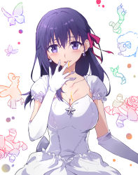 Rule 34 | 1girl, blush, bow, breasts, cleavage, commentary request, detached sleeves, dress, earrings, elbow gloves, fate/stay night, fate (series), gloves, hair between eyes, hair bow, hand up, heaven&#039;s feel, jewelry, large breasts, long hair, matou sakura, official alternate costume, parted lips, puffy short sleeves, puffy sleeves, purple eyes, purple hair, red bow, short sleeves, solo, strapless, strapless dress, tsuezu, white background, white dress, white gloves, white sleeves