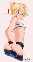 Rule 34 | !, ^^^, artist name, ass, bare arms, bare shoulders, belt, black panties, blonde hair, blue pants, blush, breasts, closed mouth, cropped legs, dressing, fate/grand order, fate (series), green eyes, highres, looking back, looking down, mordred (fate), mordred (fate/apocrypha), nose blush, notice lines, panties, pants, short hair, short ponytail, skindentation, small breasts, strapless, tube top, underboob, undersized clothes, underwear, v-shaped eyebrows, zealyush
