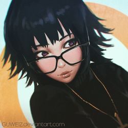 Rule 34 | 1girl, artist name, black-framed eyewear, black hair, closed mouth, cross, cross necklace, female focus, glasses, gradient background, guweiz, hunter x hunter, jewelry, looking to the side, necklace, pendant, purple eyes, red lips, shizuku murasaki, short hair, solo, sweater, upper body