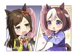 Rule 34 | 2girls, :d, animal ears, black vest, blush, bow, braid, brown eyes, brown hair, buena vista (umamusume), collared shirt, commentary request, corded phone, dress shirt, ear bow, flying sweatdrops, holding, holding phone, horse ears, horse girl, horse tail, jacket, long hair, long sleeves, multicolored hair, multiple girls, open clothes, open jacket, open mouth, phone, pleated skirt, puffy long sleeves, puffy sleeves, purple bow, purple eyes, purple shirt, purple skirt, red bow, school uniform, shirt, skirt, smile, special week (umamusume), striped, striped bow, tail, tonbi, tracen school uniform, twitter username, two-tone hair, umamusume, vest, white bow, white hair, white shirt, yellow jacket