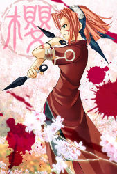 Rule 34 | 1girl, angry, bandages, blood, branch, cherry blossoms, dress, dual wielding, flower, haruno sakura, headband, headdress, holding, holding weapon, injury, jpeg artifacts, kunai, lips, looking to the side, lowres, naruto, naruto (series), pink hair, profile, red dress, red hair, short hair, short sleeves, side slit, solo, standing, weapon