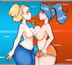 Rule 34 | 2girls, :i, ahoge, armpit crease, asymmetrical docking, battle girl (pokemon), bike shorts, blonde hair, blue background, blue eyes, blue hair, blue pants, blush, breast fight, breast press, breasts, closed mouth, collarbone, cowboy shot, creatures (company), ero honey, eye contact, eyebrows, from side, game freak, hair bobbles, hair ornament, hair tie, half-closed eye, hand on own hip, high ponytail, large breasts, long hair, looking at another, medium breasts, multiple girls, navel, nintendo, nipples, nose, npc trainer, orange shorts, pants, pokemon, pokemon oras, pokemon xy, red background, short hair, short shorts, shorts, side ponytail, signature, smirk, thick thighs, thighs, topless, two-tone background, vs