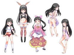 Rule 34 | 1girl, aged down, alternate costume, alternate hairstyle, animal ears, apron, arm garter, ass, babydoll, bare arms, bare legs, bare shoulders, barefoot, black footwear, black hair, black neckwear, black panties, blunt bangs, boots, bow, bowtie, bridal garter, buruma, choker, commentary request, detached collar, fake animal ears, feet, floral print, frilled sleeves, frills, gym shirt, hair bow, hairband, highres, hime cut, houraisan kaguya, jack (wkm74959), leg lift, long hair, long sleeves, looking at viewer, multiple views, navel, panties, pink bow, pink shirt, pink thighhighs, ponytail, puffy short sleeves, puffy sleeves, rabbit ears, red buruma, red eyes, sandals, shirt, shoes, short sleeves, sidelocks, simple background, smile, socks, standing, tabi, thighhighs, thong, touhou, underwear, white background, white footwear, white hairband, white panties, white shirt, white thighhighs, wide sleeves