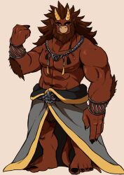 Rule 34 | 1boy, abs, bara, beard, black nails, blank eyes, body fur, bulge peek, concept art, dark-skinned male, dark skin, demon boy, demon horns, facial hair, full body, furry, furry male, hand up, highres, horns, infel (otsukimi), jewelry, large hands, long hair, looking at viewer, male focus, mature male, muscular, muscular male, navel, necklace, nipples, original, otsukimi, pectorals, pointy ears, solo, standing, stomach, strongman waist, thick eyebrows, thick thighs, thighs, topless male